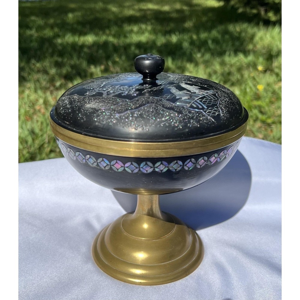 Vintage Black Lacquer Abalone Inlay Footed Compote W/lid 7"